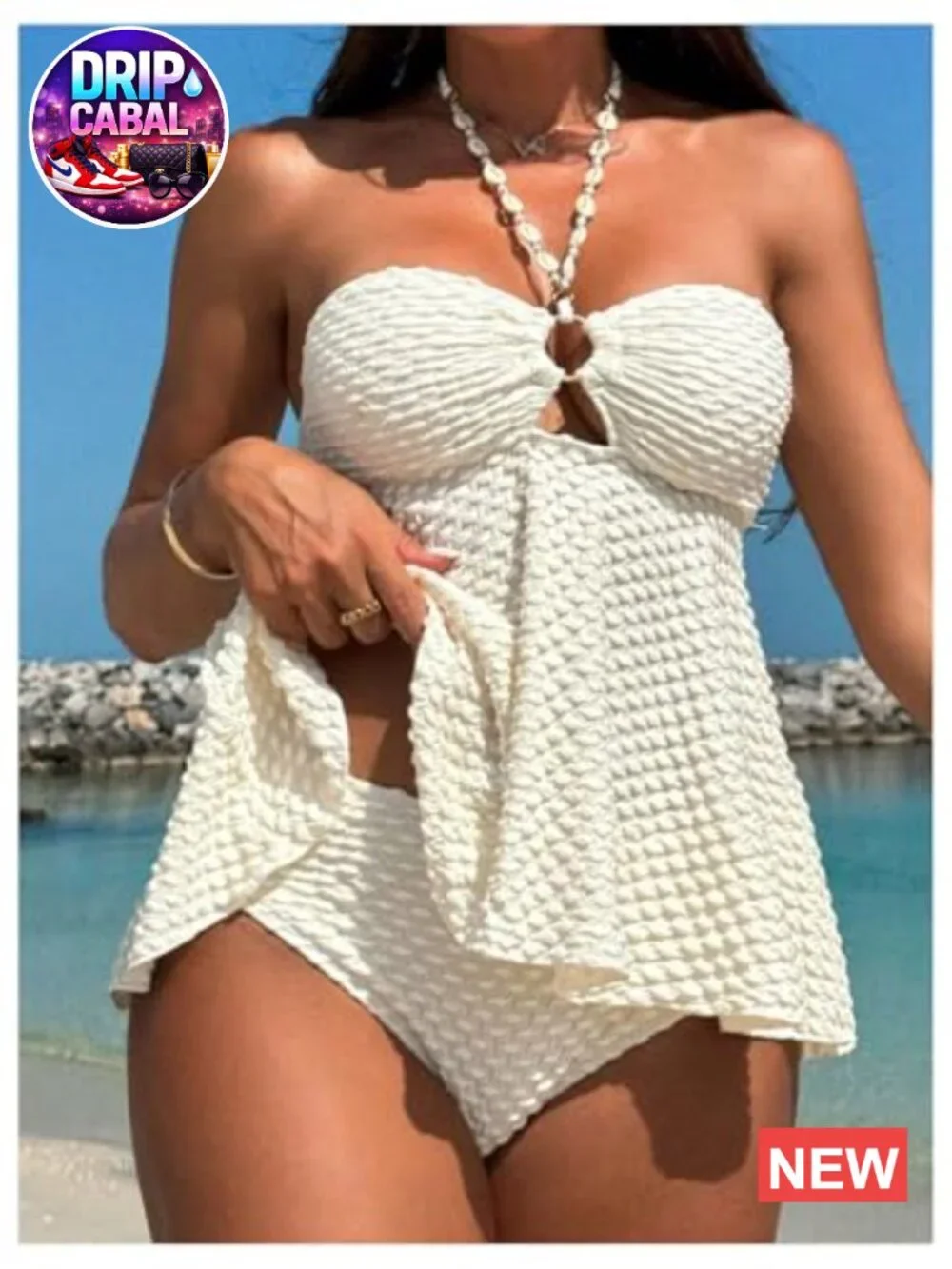 Two Piece Halter Tankini Swimsuit Textured Ring Linked High Stretch Beachwear